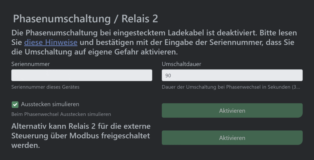 Screenshot Dialog zur Aktivierung der Phasenumschaltung